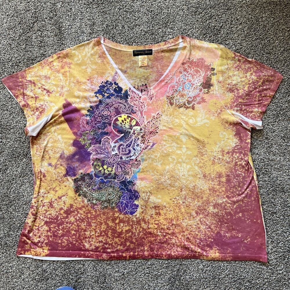 Appropriate Behavior Shirt Womens 4XL Boho Paisley Print Colorful V Neck Top